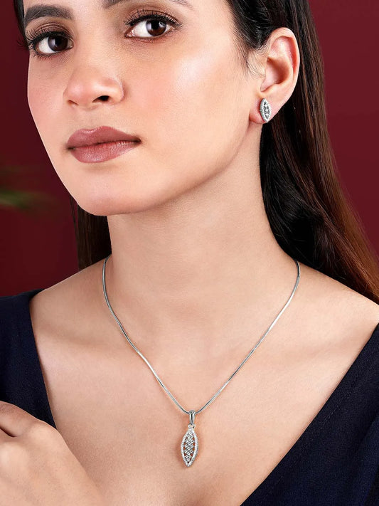 Leaf-Inspired Allure CZ Pendant Set by Peora. Silver-plated pendant set with leaf-inspired design & earrings.