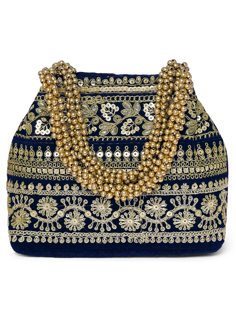 Blue potli bag named Chic & Glamorous Potli Collection, featuring artificial beads detailing and soft fabric texture | Peora
