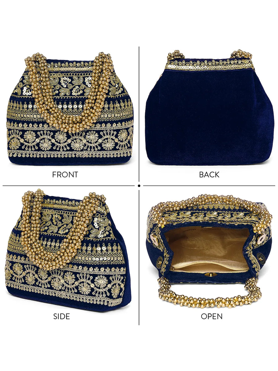 Blue potli bag named Chic & Glamorous Potli Collection, featuring artificial beads detailing and soft fabric texture | Peora

