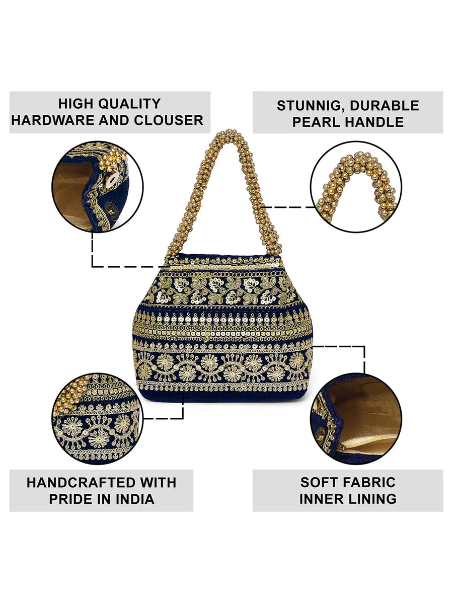 Blue potli bag named Chic & Glamorous Potli Collection, featuring artificial beads detailing and soft fabric texture | Peora

