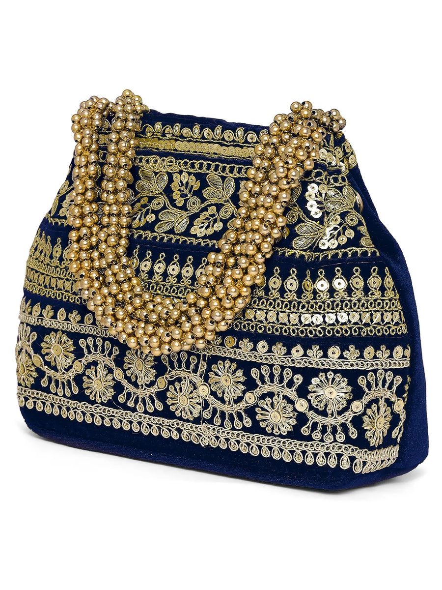 Blue potli bag named Chic & Glamorous Potli Collection, featuring artificial beads detailing and soft fabric texture | Peora
