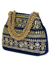Blue potli bag named Chic & Glamorous Potli Collection, featuring artificial beads detailing and soft fabric texture | Peora

