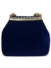 Blue potli bag named Chic & Glamorous Potli Collection, featuring artificial beads detailing and soft fabric texture | Peora
