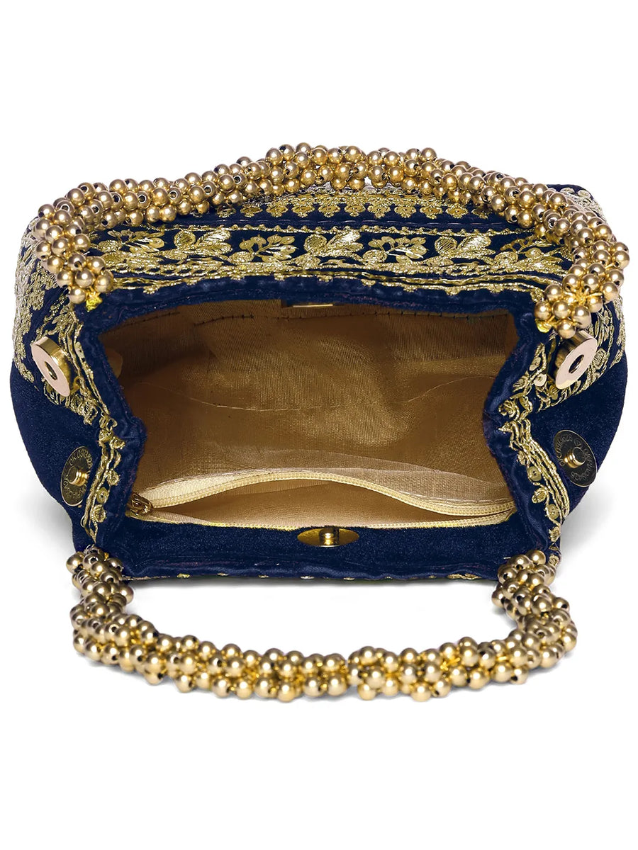 Blue potli bag named Chic & Glamorous Potli Collection, featuring artificial beads detailing and soft fabric texture | Peora
