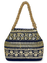 Blue potli bag named Chic & Glamorous Potli Collection, featuring artificial beads detailing and soft fabric texture | Peora
