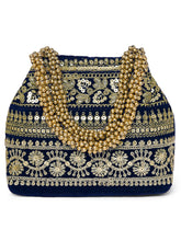 Blue potli bag named Chic & Glamorous Potli Collection, featuring artificial beads detailing and soft fabric texture | Peora
