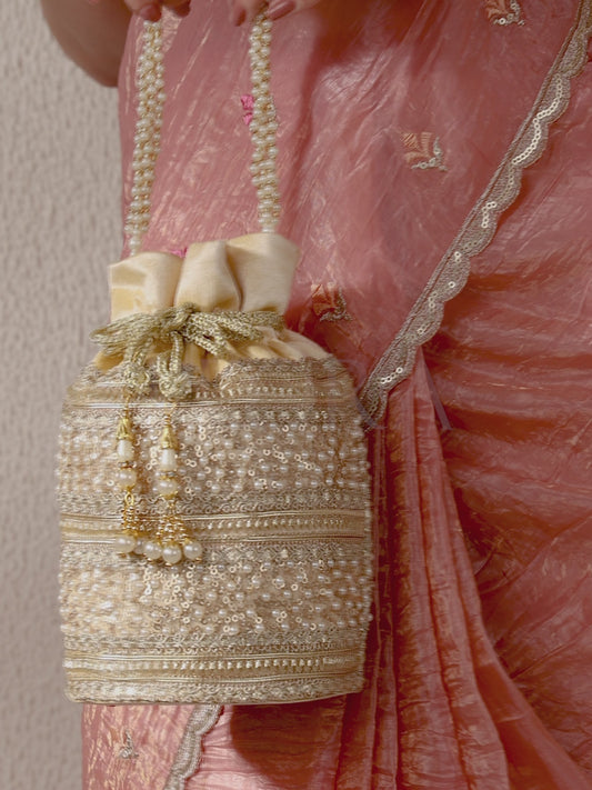Sequin & Pearl Embellished Potli Bag - Cream