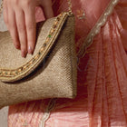 Beaded Envelope Style Evening Clutch - Brown