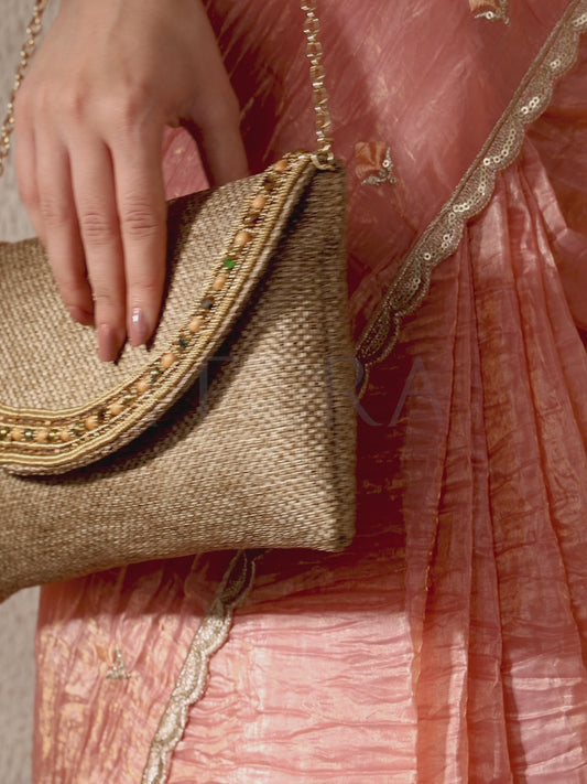 Beaded Envelope Style Evening Clutch - Brown