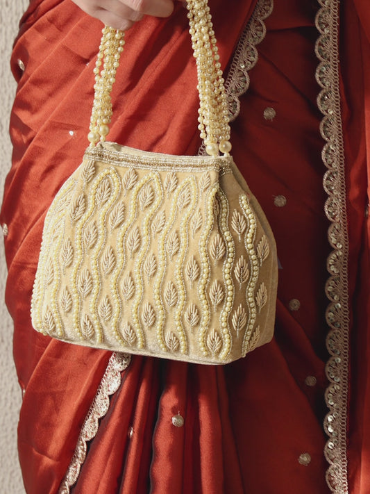 Embroidered Beaded Potli Purse - Gold