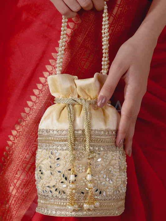 Exquisite Charming Embroidery Potli - Cream