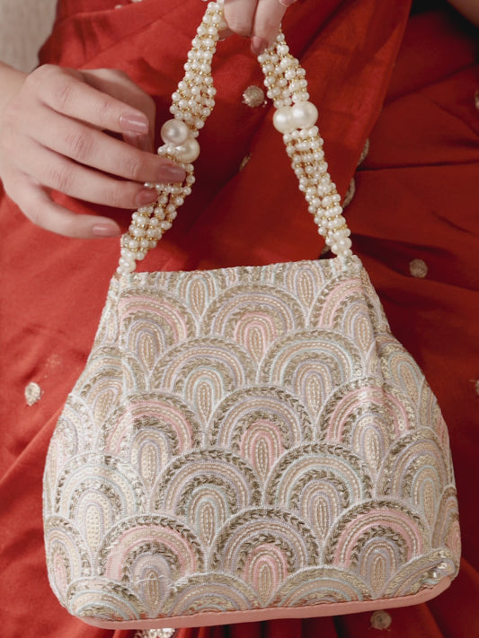 Sequin Wave Embellished Potli Bag - Peach