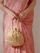 Pearl Trim Zari Bead Potli Bag - Brown