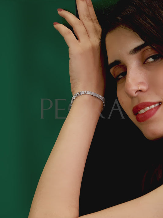 Baguette Tennis Style Clip On Silver Bracelet