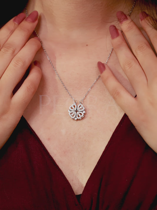 4 Heart Magnetic Clover Silver Necklace