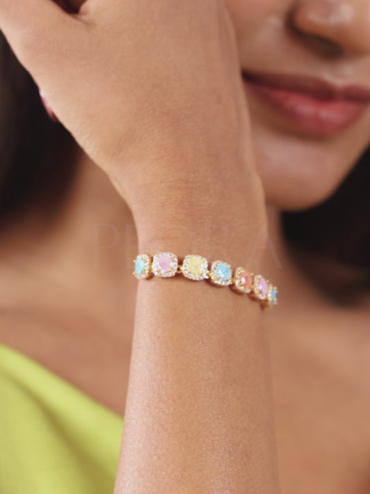 Rainbow Crystal Stone Box Chain Bracelet - Gold - Multi