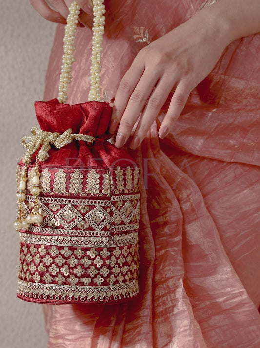 Ethnic Floral Potli with sequins Mofit - Maroon