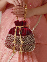 Pearl Trim Zari Bead Potli Bag - Maroon
