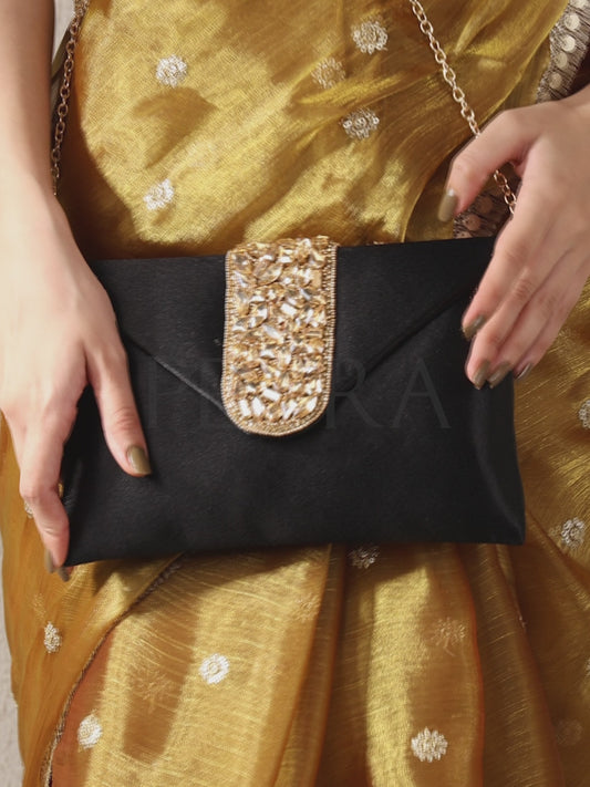 Gold Bling Stone Black Envelope Clutch Bag