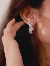 Silver CZ Heart Link Half Hoop Earrings