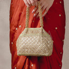 Gold Beaded Handle Embroidered Potli Bag