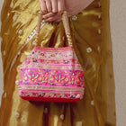 Floral Threadwork Potli with Bead Handle - Rani Pink