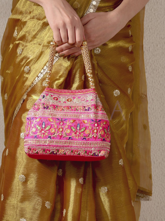 Floral Threadwork Potli with Bead Handle - Rani Pink