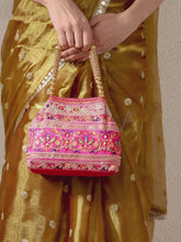 Floral Threadwork Potli with Bead Handle - Rani Pink