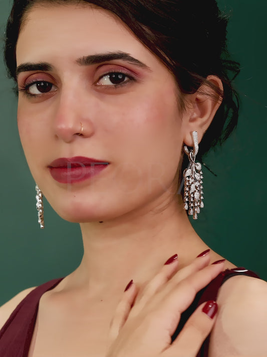 Floral Vine CZ Dangler Earrings - Silver