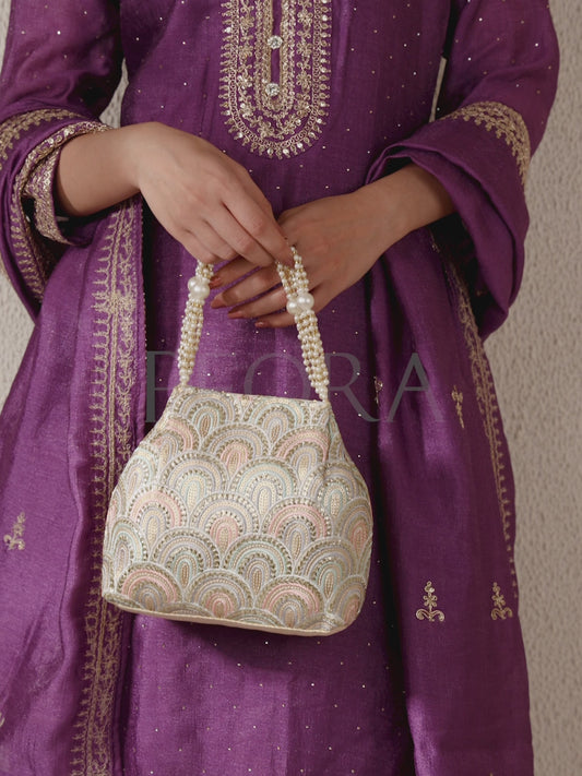 Sequin Wave Embellished Potli Bag - Cream