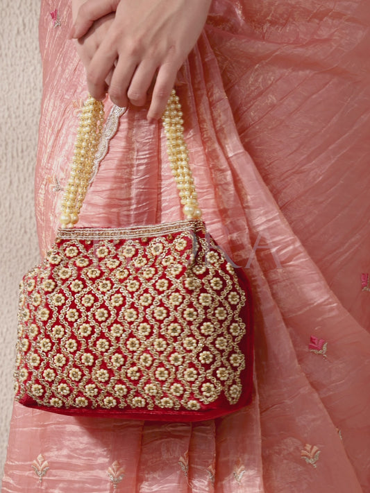 Vintage Pearl Embellished Potli - Maroon