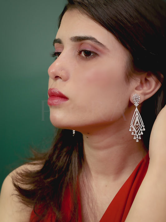 Layered Geometric CZ Drop Earrings - Silver