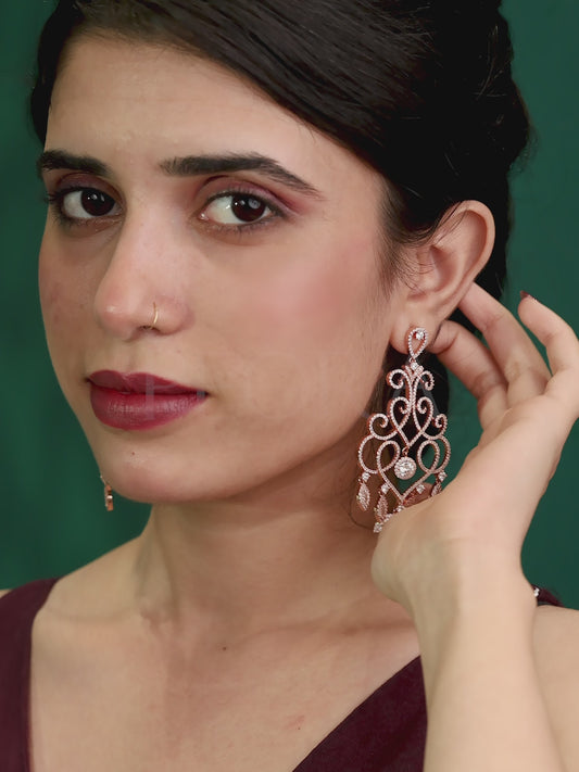 Intricate Filigree CZ Dangle Earrings - Rose Gold